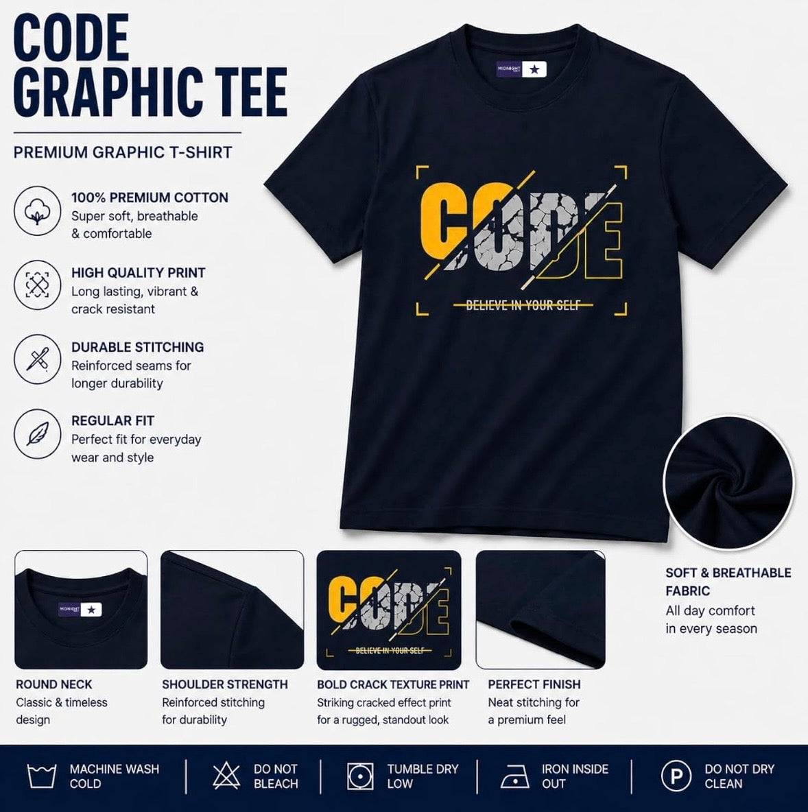 Crown Midnight Navy Men's Code Motivational Street Graphic Printed T-Shirt | 100% Combed Cotton | Round Neck Half Sleeve | Urban Casual Wear