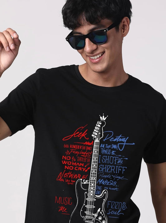 Guitar Design Printed T-Shirt for Men - 100% Cotton, Regular Fit, Soft Breathable Fabric.