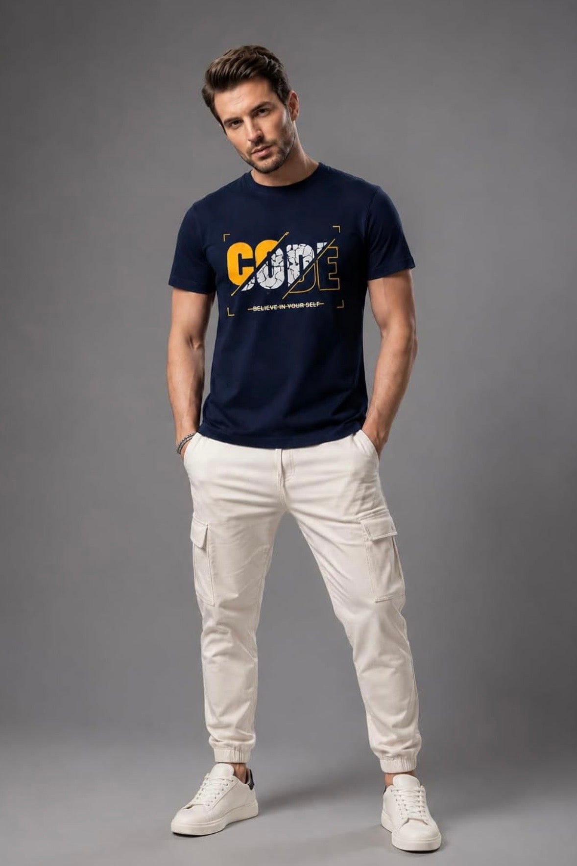 Crown Midnight Navy Men's Code Motivational Street Graphic Printed T-Shirt | 100% Combed Cotton | Round Neck Half Sleeve | Urban Casual Wear