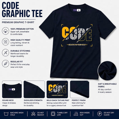 Crown Midnight Navy Men's Code Motivational Street Graphic Printed T-Shirt | 100% Combed Cotton | Round Neck Half Sleeve | Urban Casual Wear