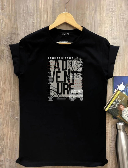 Men Printed Round Neck Pure Cotton Black T-Shirt