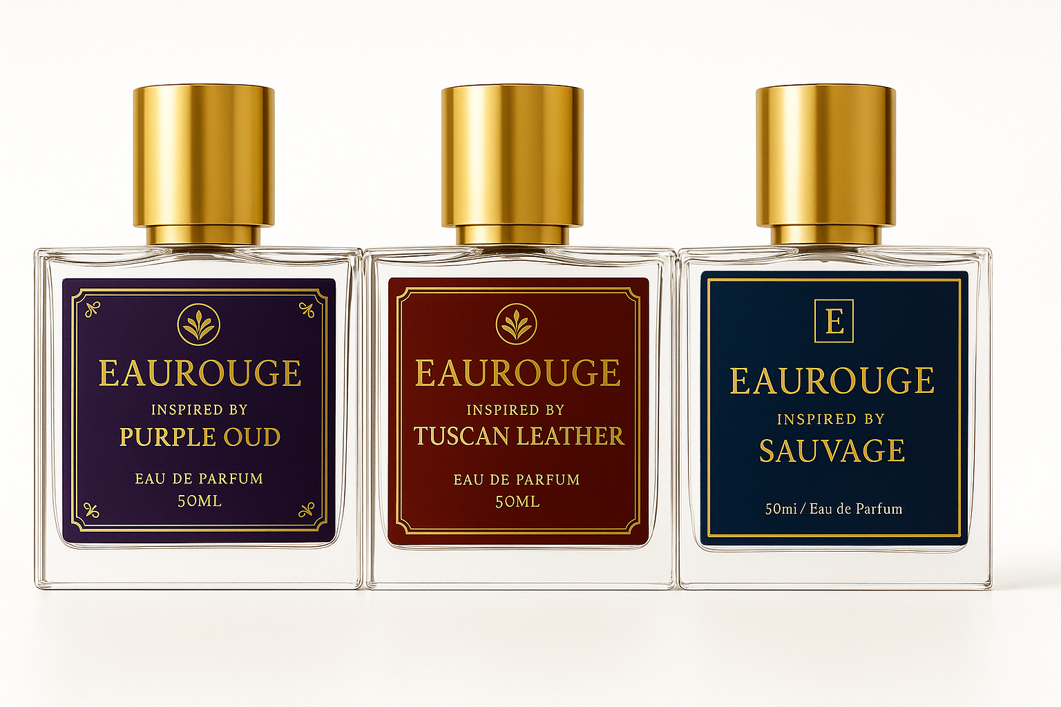 EAUROUGE Luxe Trio – Purple Oud, Tuscan Leather, & Sauvage (3 x 50ml | ₹1299 Deal)